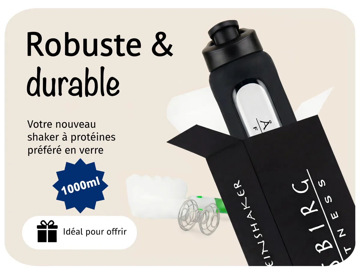 Shaker Protéines en Verre Trempé - 1000ml Gourde avec Boule Mélangeuse | Étanche, Sans BPA & Résistant | Noir
