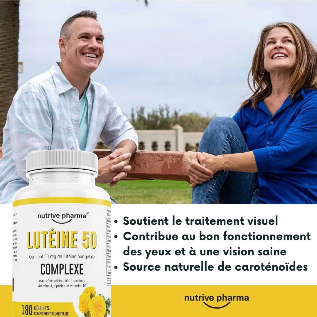 Lutéine 50 mg avec zéaxanthine, bêta-carotène, vitamines A & B2, pipérine | 180 gélules | Santé des yeux & protection contre la lumière bleue | Sans OGM & sans gluten | par nutrive pharma