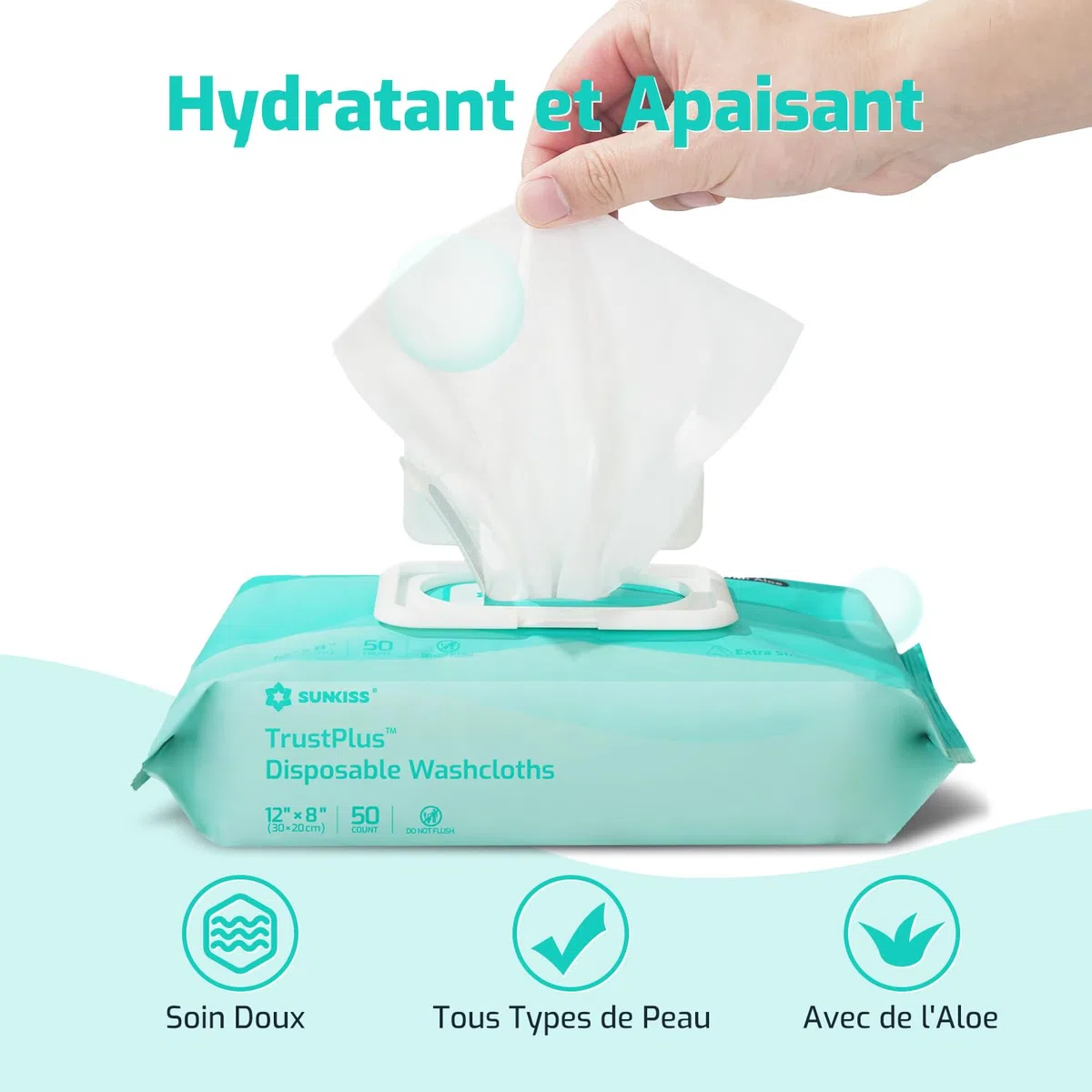 SUNKISS TrustPlus Lingettes Adultes XL Extra Épaisses 20 x 30 cm, Aloe Vera, Sans Alcool et Sans Parfum, Hygiène Intime et Incontinence, 200 Unités