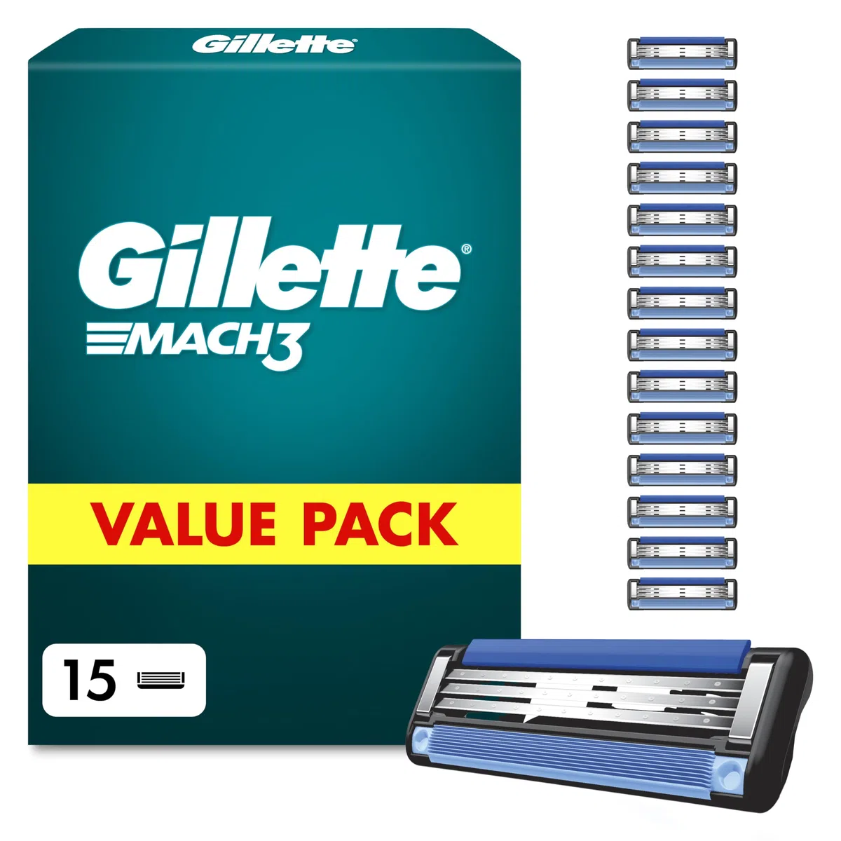Gillette Mach3 Recharges De Lames De Rasoir pour Homme, Rasoirs À 3 Lames 15 Recharges De Lames, Lames Plus Résistantes Que L’Acier