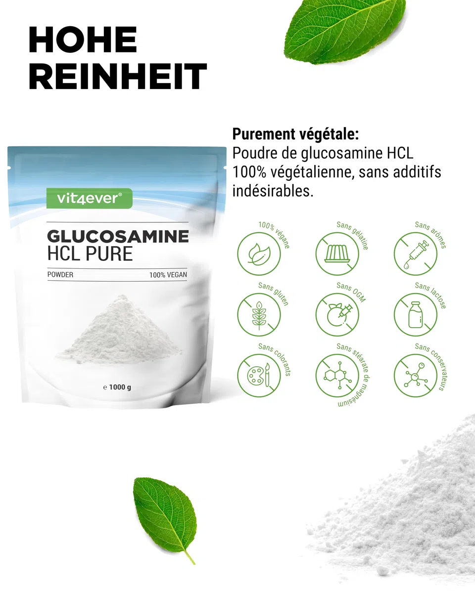 Glucosamine HCL Pure - 1000 g (1 kg) de Poudre Pure sans Additifs - Issue de la Fermentation Végétale - Vegan - Hautement Dosé