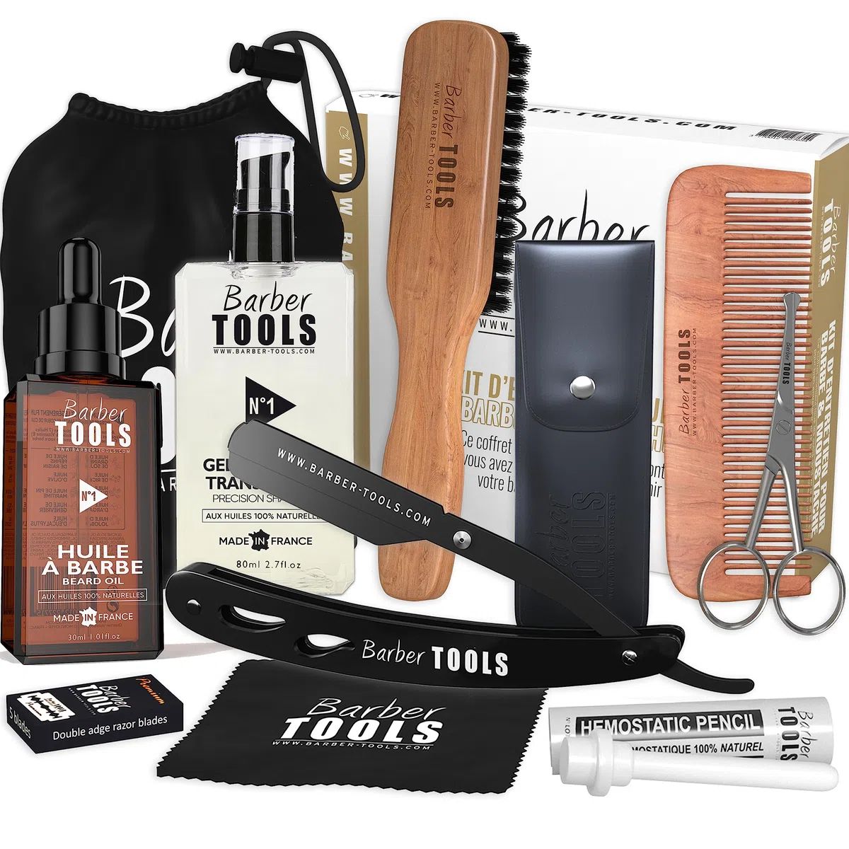 Coffret barbe et rasage pour homme | Huile , gel transparent, Rasoir coupe choux, brosse, peigne , ciseaux, pochette de rangement - Kit d'accessoires