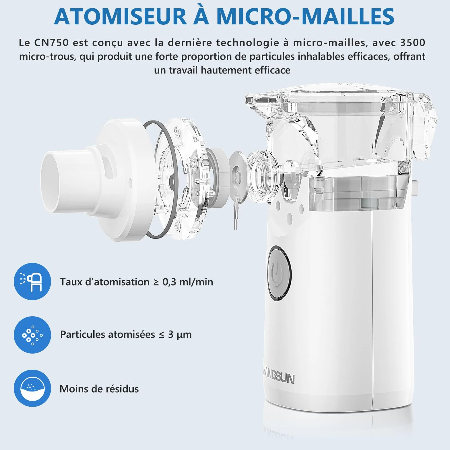 Hangsun CN750 Inhalateur de brume portable en maille, 2 en 1 pour enfants et adultes avec accessoires complets et sac de rangement, adapté pour les problèmes de respiration