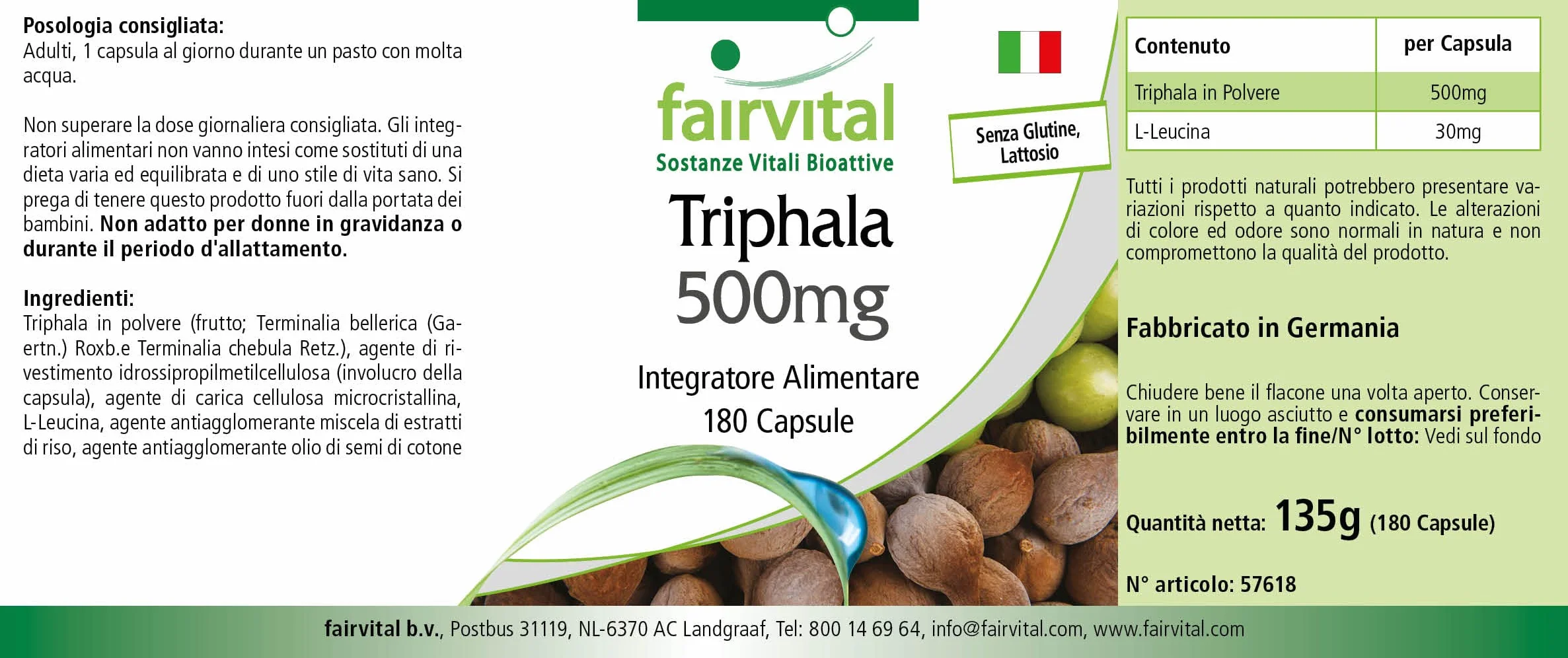 fairvital Triphala 500mg, 180 gélules végétaliennes, mélange ayurvédique à trois fruits, Amalaki, Haritaki, Bibhitaki, qualité contrôlée et hautement dosé, fabriqué en Allemagne
