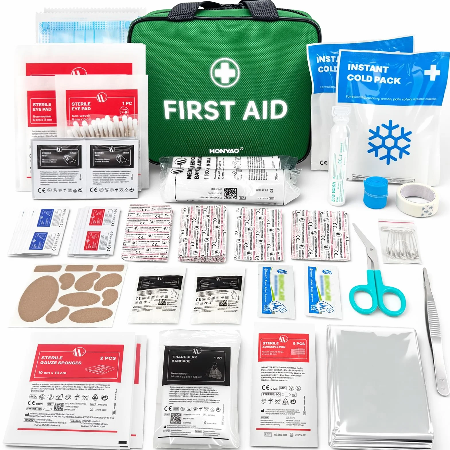 HONYAO Trousse de Secours 180 Pièces, Kit Premier Secours Complète, Trousse à Pharmacie pour Maison Voiture Sport Voyage Camping Enfant Lieu de Travail, Vert