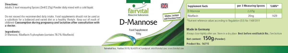 fairvital D-mannose 150 g de poudre, avec de la vitamine B2 (riboflavine), 100% pur et 100% végétalien, hautement dosé, qualité contrôlée, fabriqué en Allemagne