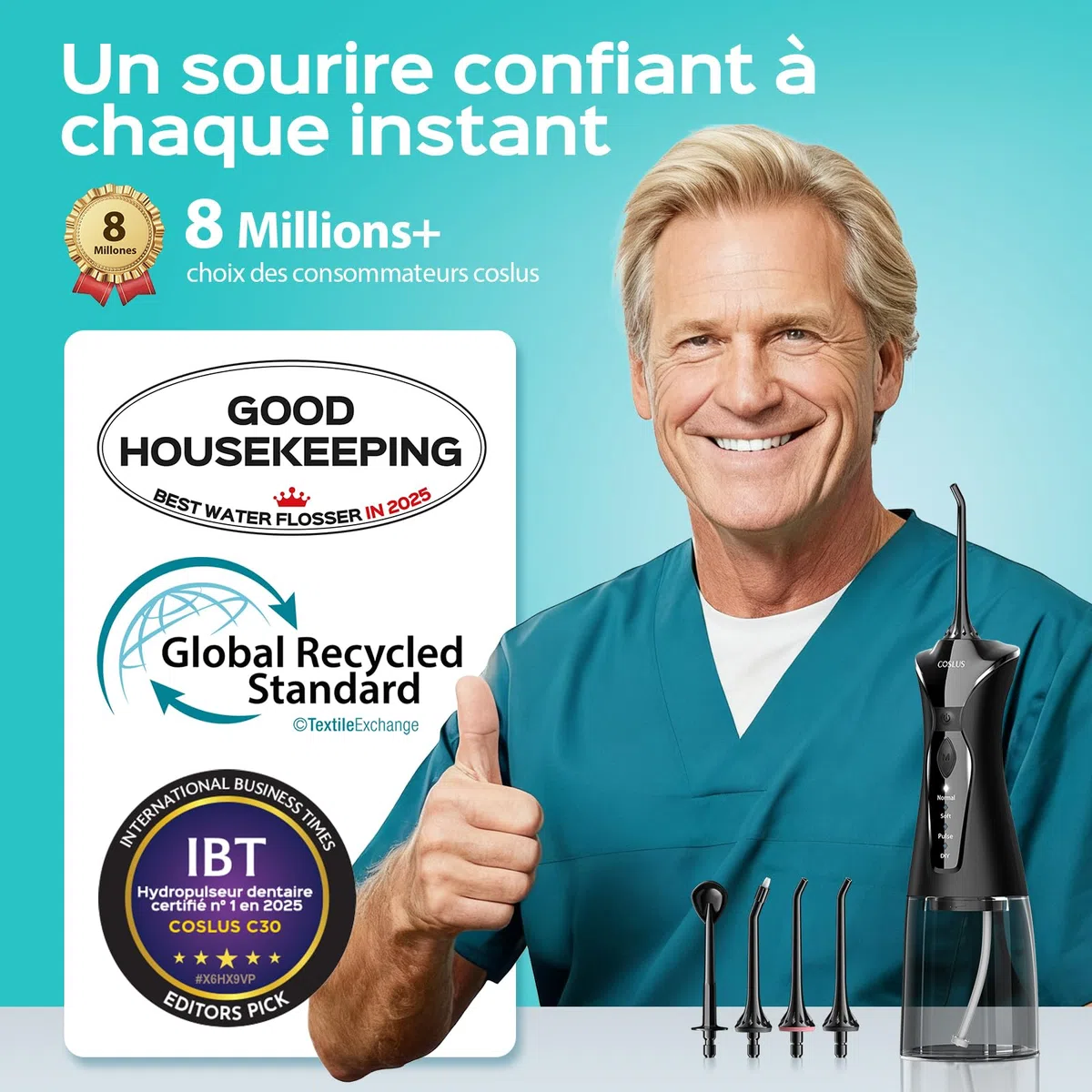 COSLUS Hydropulseur jet Dentaire Portable: 4 Modes Hydropulseur et Irrigateurs Oral, Réservoir d'eau 300 ml Vainqueur du Test, Rechargeable et Étanche IPX7, Noir Brillant, C30