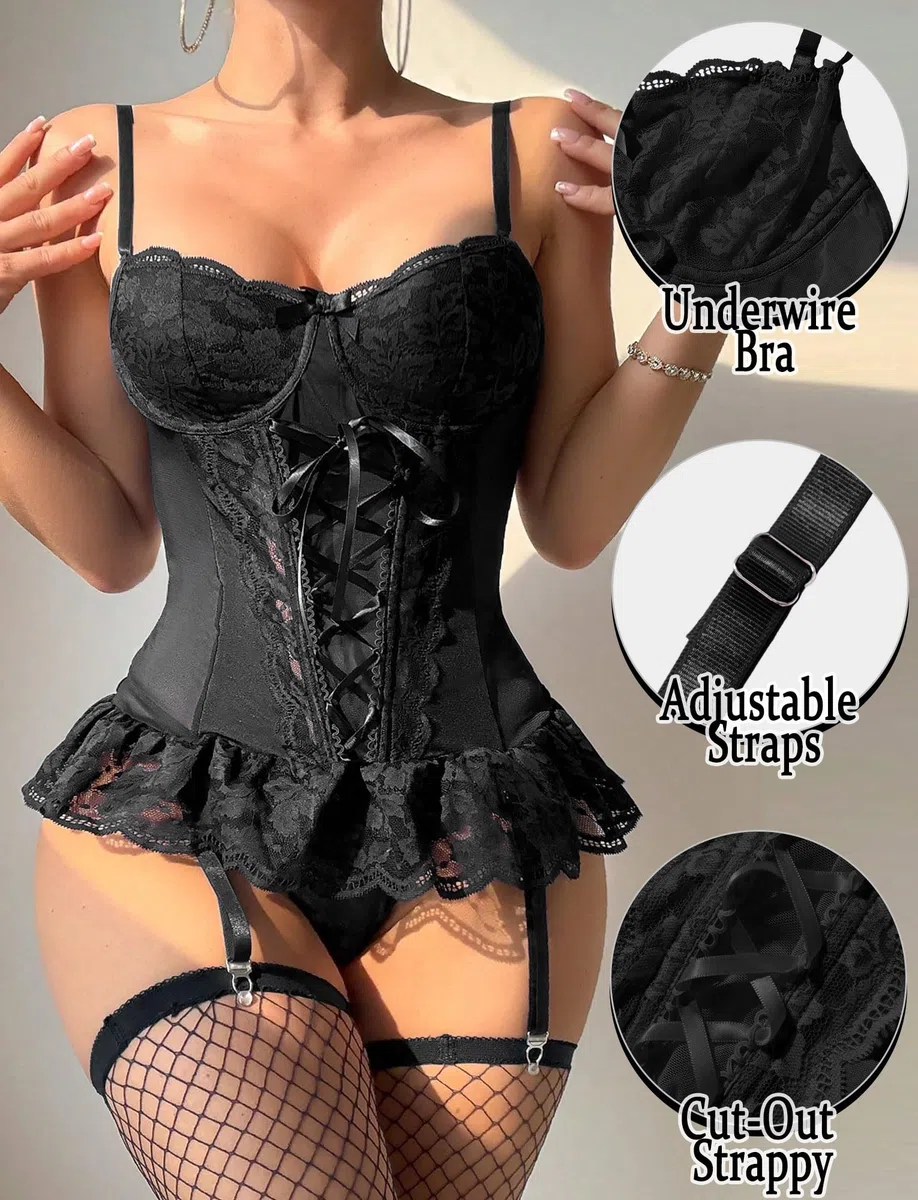 Ensemble Lingerie Femme 3 Pièces Dentelle Transparente Nuisette Babydoll Lacets avec 1 Paire Bas Resille String sous Vêtements