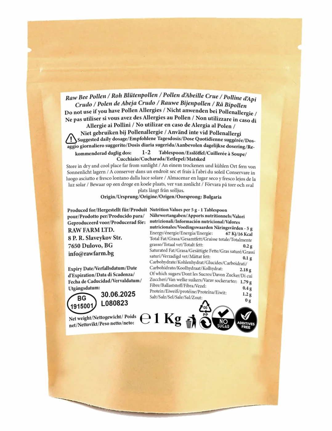 Raw Farm - Granulés de pollen d'abeille brut - 100% naturel - non transformé 1 kg