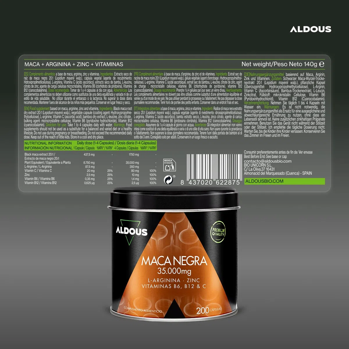 Maca Noire 35.000 mg - 200 gélules - Extra Forte - Extrait 20:1 - Avec Arginine, Zinc, Vitamine C, B12 et B6 - Maca du Pérou hautement concentrée - Régulateur hormonal, Énergie, Vitalité - ALDOUS