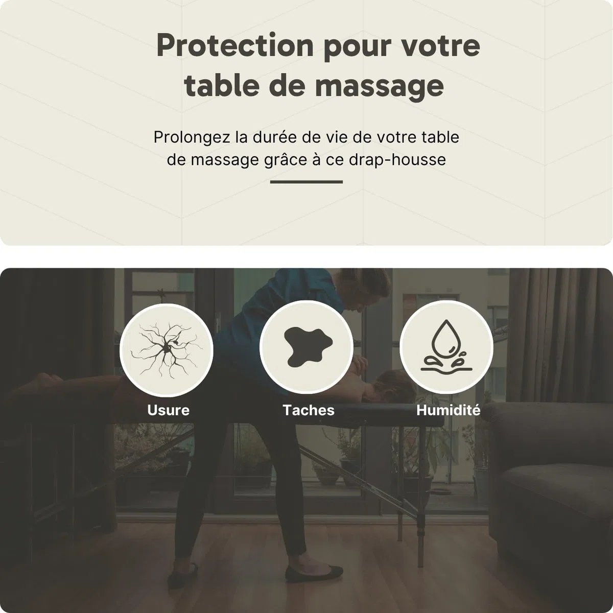 Housse pour table de massage avec trou visage Marron Clair | OEKO TEX 100 | 63cm x 71cm x 185cm - 192cm | Pour toutes tables de massage ou traitement