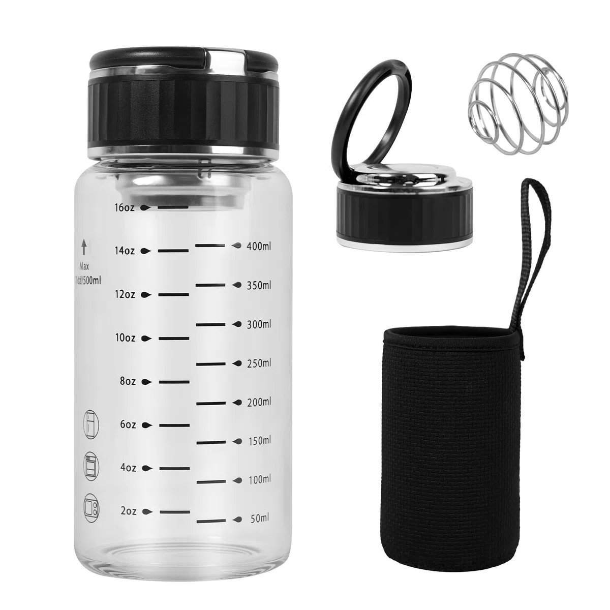 Protein Shaker Verre 500ml Avec Couvercle Et Poignée, Large Ouverture Nutrition Sportive Shaker Doté De Graduation, Pour Mélange Protéiné, Smoothies, Thé Glacé, L