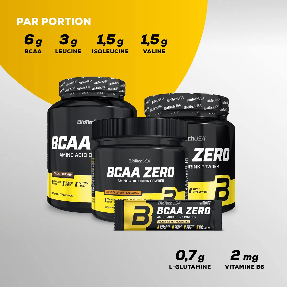 BioTechUSA BCAA Zero | Acides aminés essentiels en poudre | 6g BCAA avec L-Leucine instantanée | Vegan | Sans sucre, sans lactose, sans gluten, 700 g, Thé glacé à la pêche | Avec L-glutamine | Sans sucre | Formule d'acides aminés en poudre pour préparer d