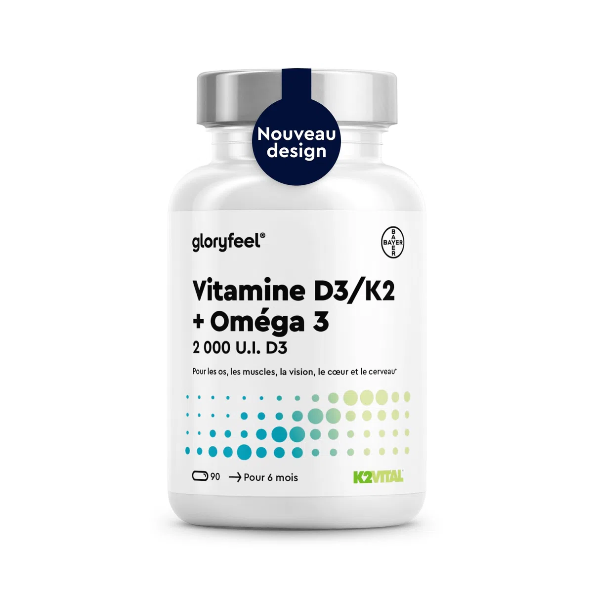 Oméga 3 (1000mg) avec Vitamine D3 (2000 UI) + K2 100 µg, 90 Gélules, Huile de Poisson (400mg d'EPA et 300mg de DHA) Fortement Dosée, Vit D3 Cholécalciférol + Vit K2 MK7, Sans Arômes et Additifs