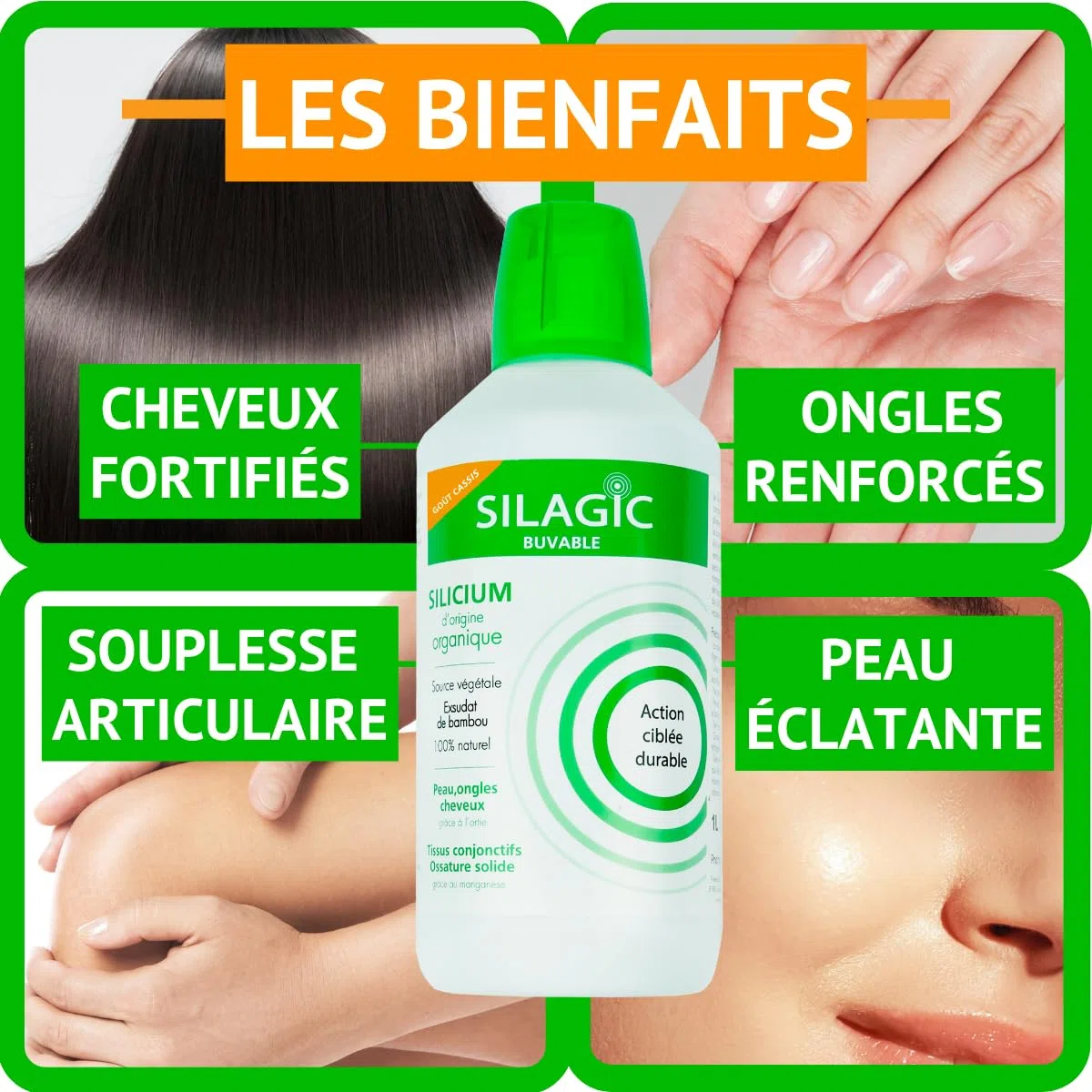 SILAGIC - Solution Buvable au Silicium Organique - Renforce Peau, Ongles & Cheveux - Maintient une Ossature Solide - Ortie, Bambou & Manganèse - Fabriqué en France - 1 L