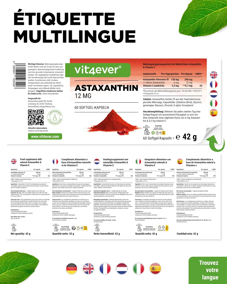Astaxanthine 12 mg Depot - 60 Capsules Softgel - A Partir de Microalgues Haematococcus Pluvialis Pures - Biodisponibilité Optimisée avec de la Vitamine E et de l'Huile d'Olive