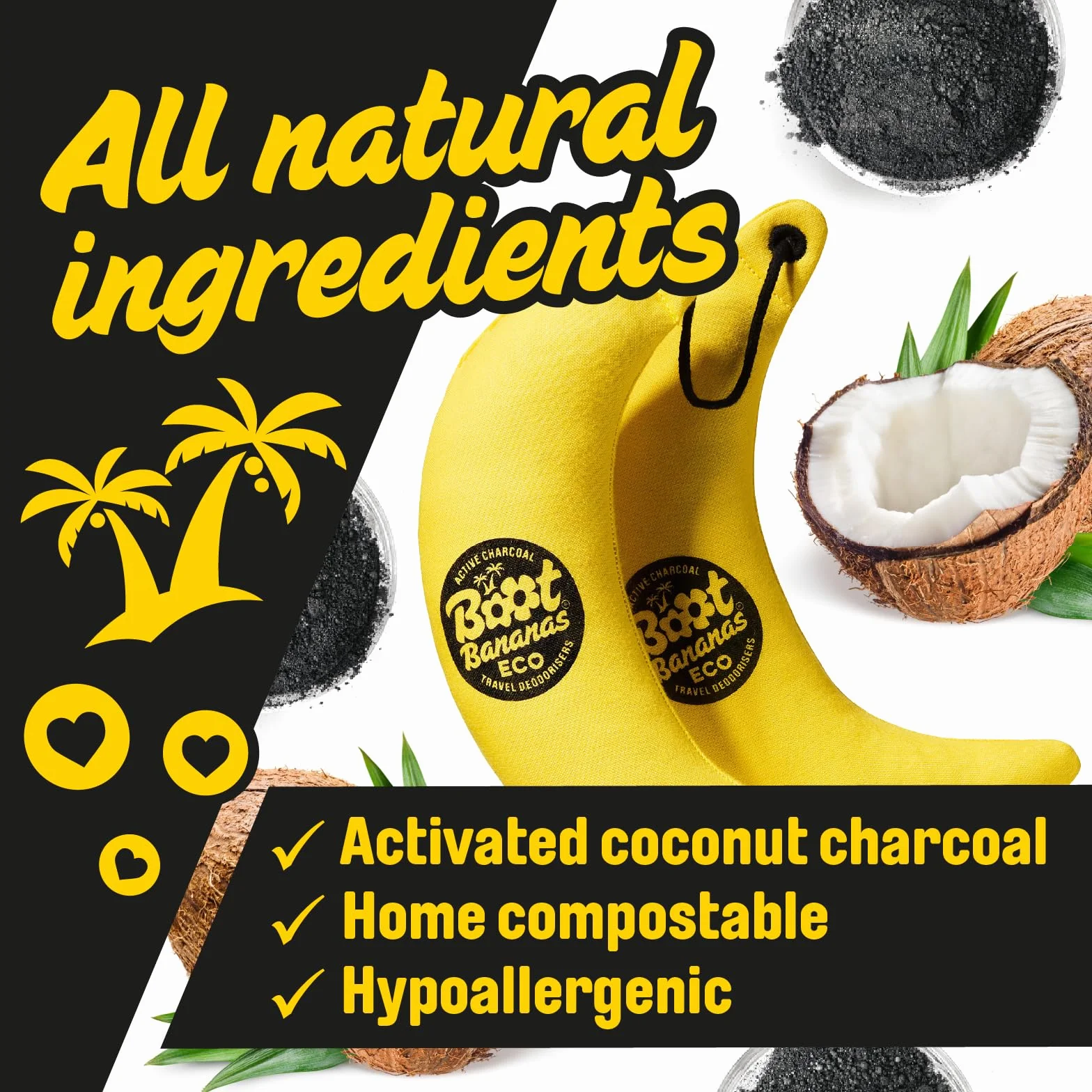 Boot Bananas Eco Travel Désodorisants de voyage – Désodorisants au charbon actif sans parfum pour chaussures, gants et sacs malodorants, légers, compostables, réutilisables – Dure jusqu'à 12 mois