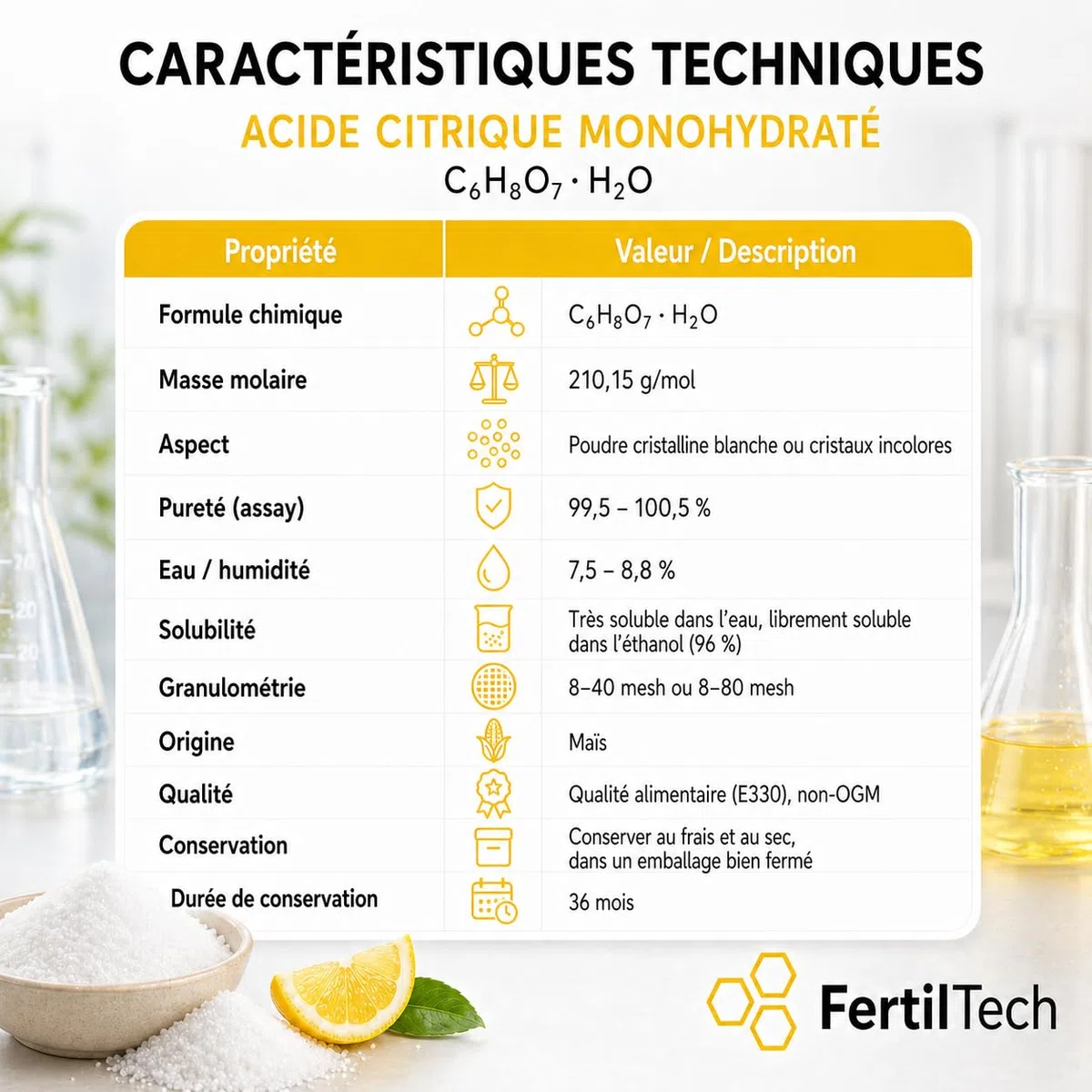 FertilTech Acide Citrique Monohydraté 1.5 kg E330 Qualité Alimentaire 100% Pur Pour Usages Alimentaires Cuisine et Pâtisserie Convient Aussi au Nettoyage Naturel Vegan