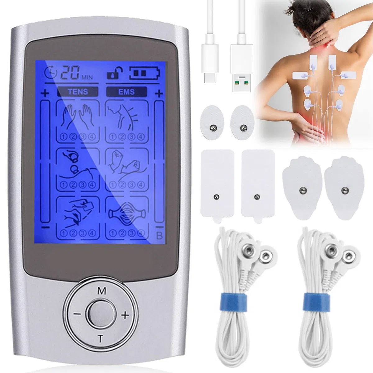 TENS EMS electrostimulateur musculaire, Appareil de thérapie de la douleur TENS rechargeable electrostimulation appareil appareil de thérapie la douleur avec 24 programmes d'entraînement et 2 canaux