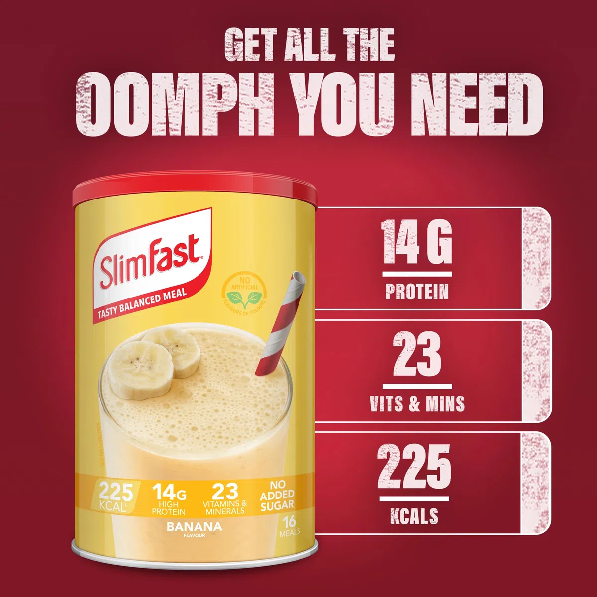 SlimFast Substitut de repas pour perte de poids et alimentation équilibrée, vitamines et minéraux, faible teneur en calories, riche en protéines, saveur banane, 16 portions, 584 g, l'emballage peut