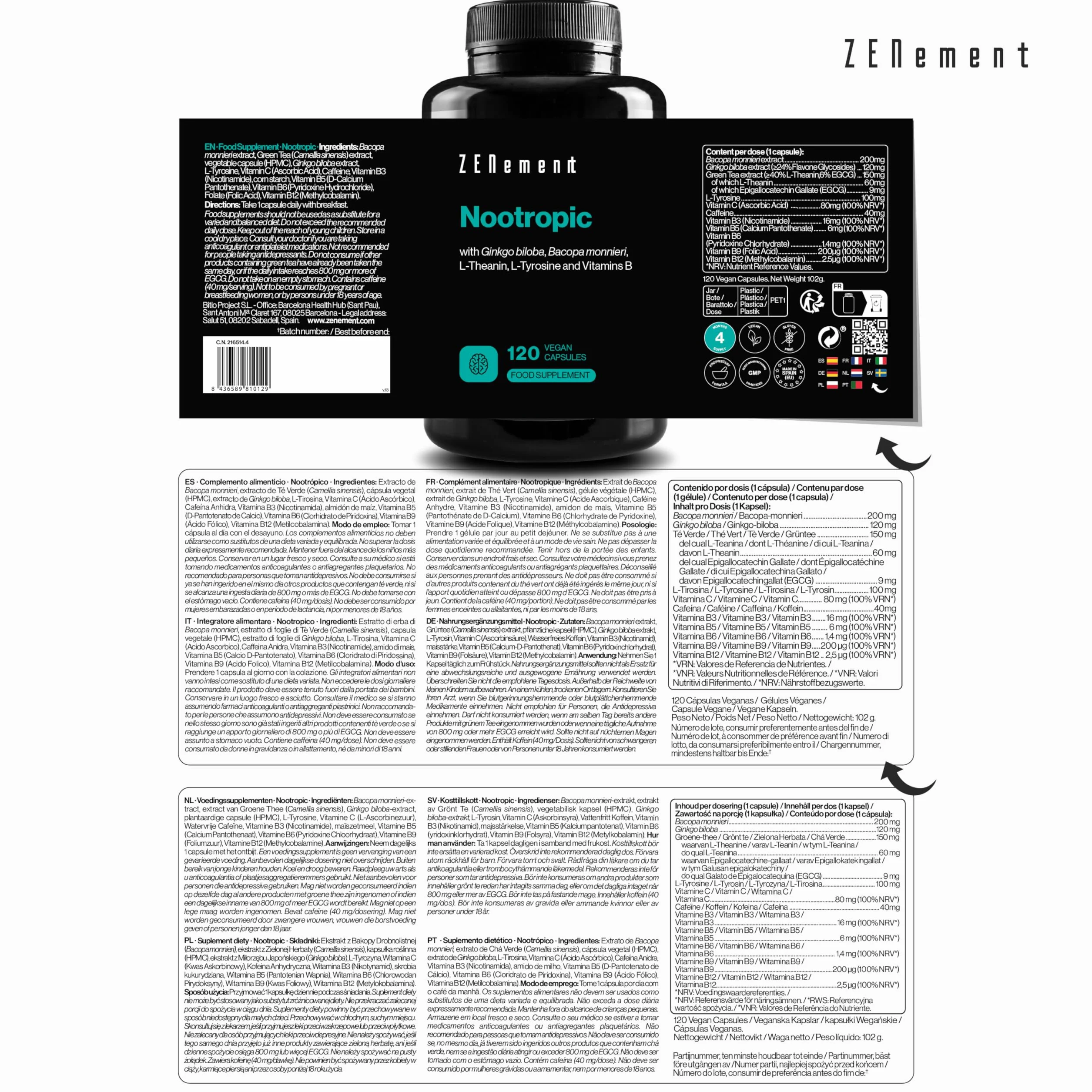 Nootropique - Formule pour augmenter l'énergie, concentration, fonctions cérébrales, l'agilité mentale et mémoire - Ginkgo Biloba, Bacopa, L-Théanine, Tyrosine et Vitamines B6 & B12-120 Gélules
