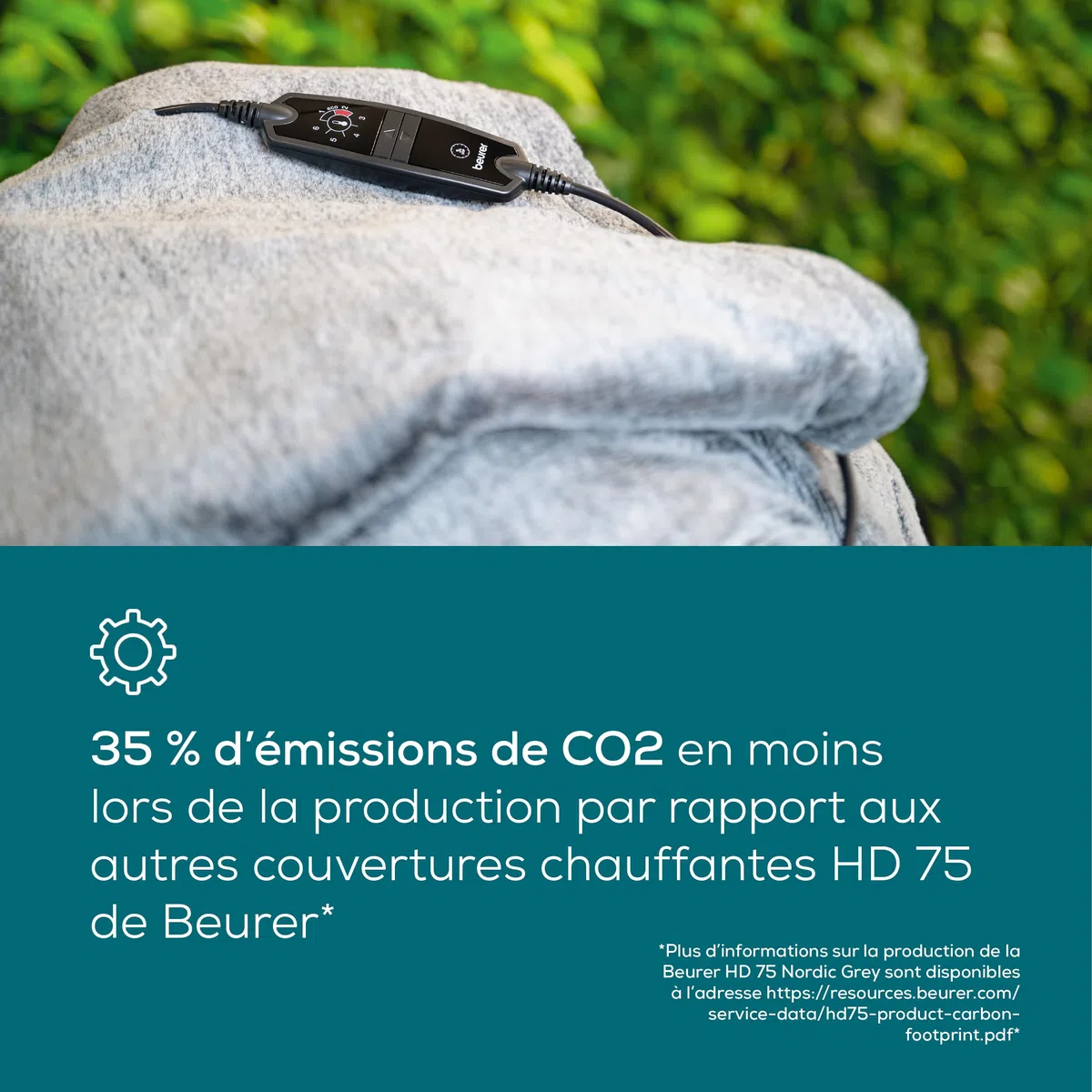 Beurer HD 75 Nordic Grey Couverture chauffante, Face supérieure/inférieure en matériau recyclé, Douce et Moelleuse, 6 Niveaux de température, Lavable en Machine, 180 x 130 cm, Gris