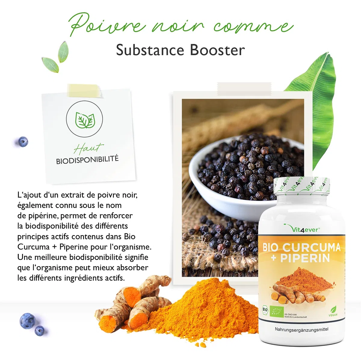 Curcuma bio - 365 gélules - avec curcumine de curcuma et pipérine de poivre noir bio - Haute dose - Vegan