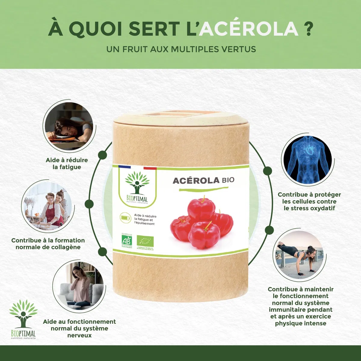 Acerola Bio - Bioptimal - Complément Alimentaire - Extrait d'Acérola en Gélule - 17% de Vitamine C Biodisponible - Anti-Fatigue Immunité - Fabriqué in France - Certifié par Ecocert - 200 gélules