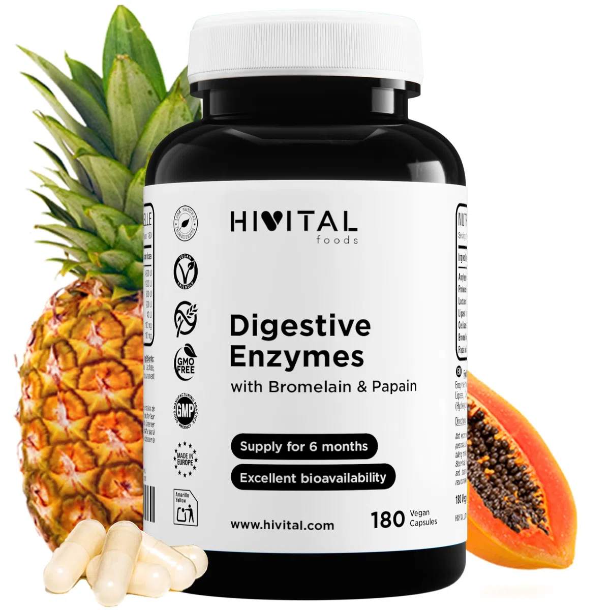 Enzymes Digestives. 180 gélules végétaliennes pour 6 mois de traitement. Amylase, Protéase, Lactase, Lipase, Cellulase, Bromélaïne et Papaïne. Fabriqué en Europe par HIVITAL