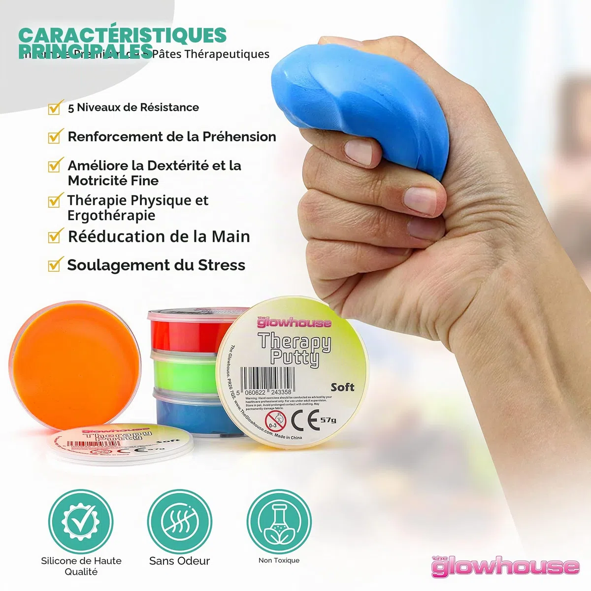Lot de 5 pâtes thérapeutiques pour exercices de la main, non toxique, pour adultes et enfants 57 g