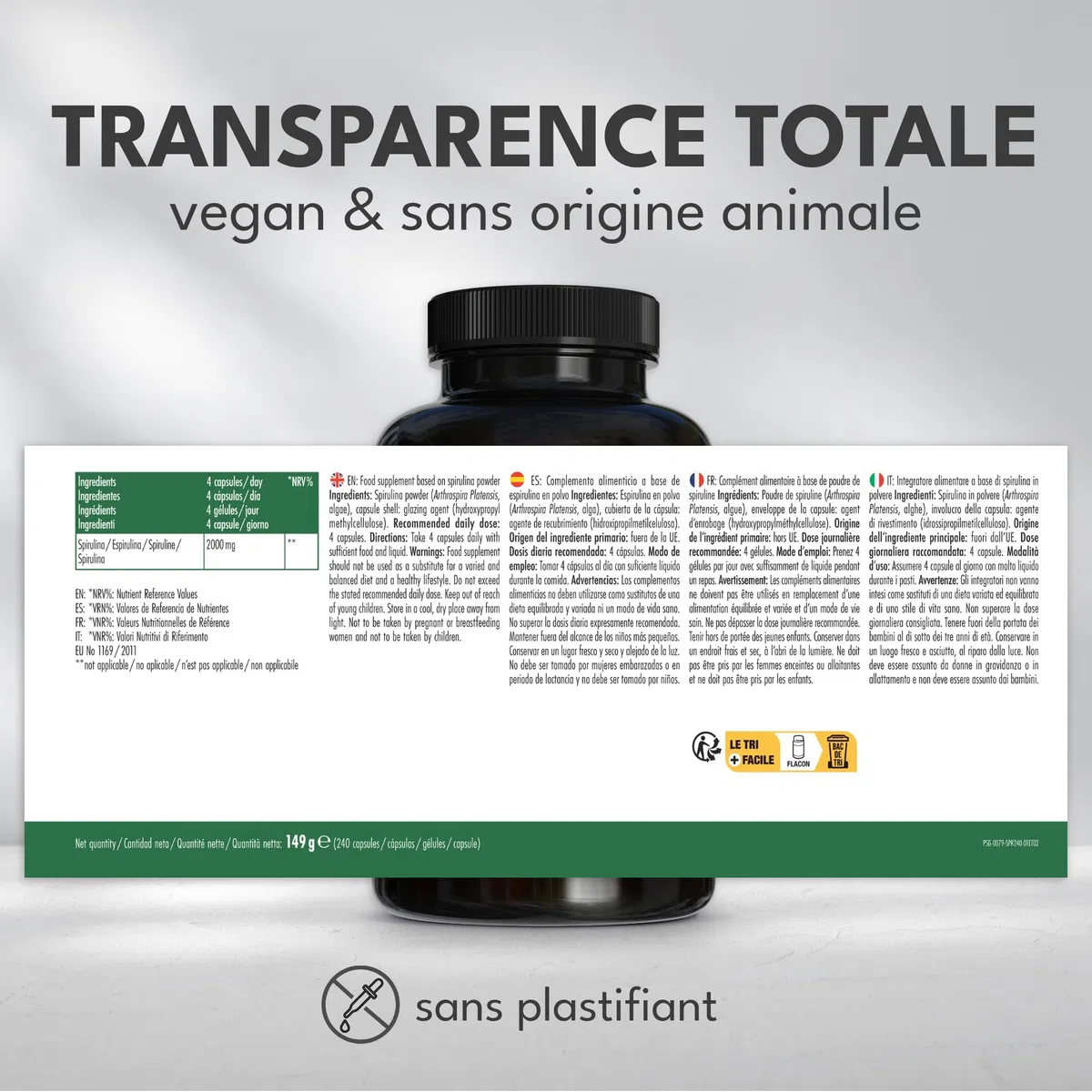 Green Naturals Spiruline 2 000 mg par jour – 240 gélules | Arthrospira platensis · Poudre pure · Vegan · Cure de 2 mois · Testé en laboratoire