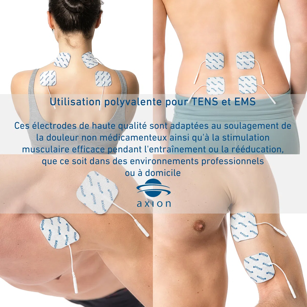 52 électrodes axion | Patchs 4x4 cm pour électrostimulateur TENS et/ou EMS réutilisables et autocollants avec connexion filaire de 2 mm
