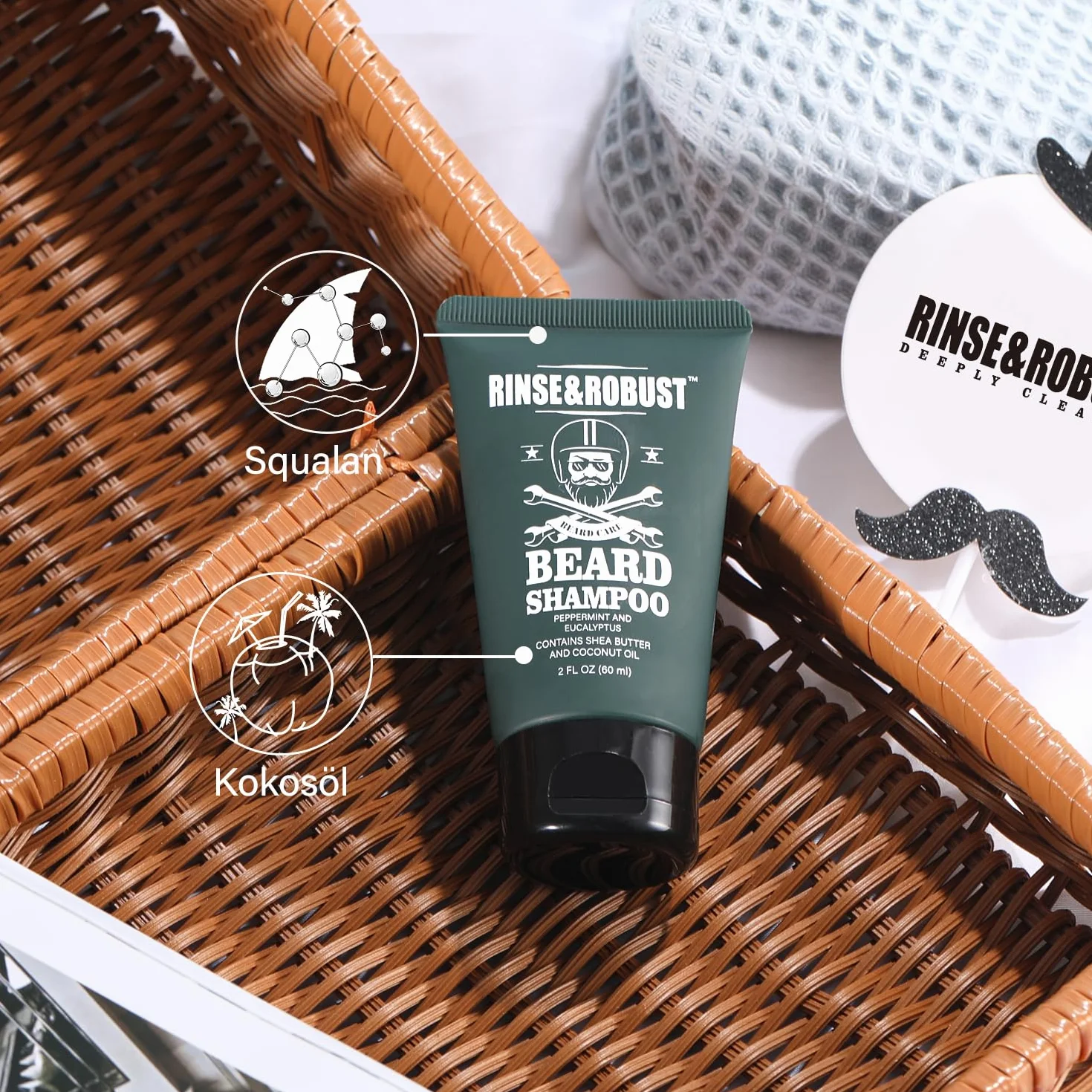 Rinse&Robust Kit de rinçage pour barbe 8 pièces avec sac de voyage, parfum eucalyptus, brosse à barbe, peigne à barbe, ciseaux à barbe, shampoing à barbe