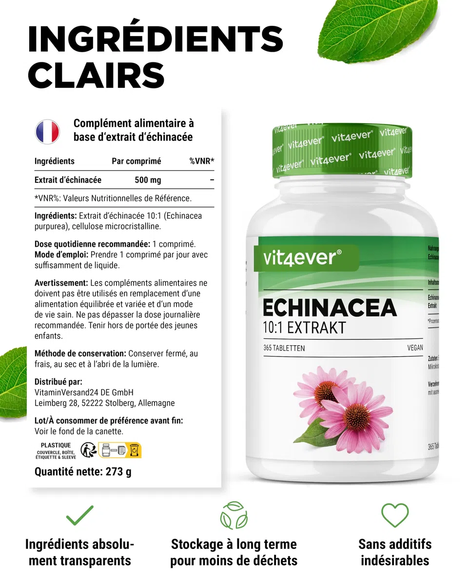 Échinacée 500 mg - 365 comprimés végétaliens - Extrait naturel d'échinacée 10:1 - Hautement dosé - Sans additifs indésirables - Végétalien
