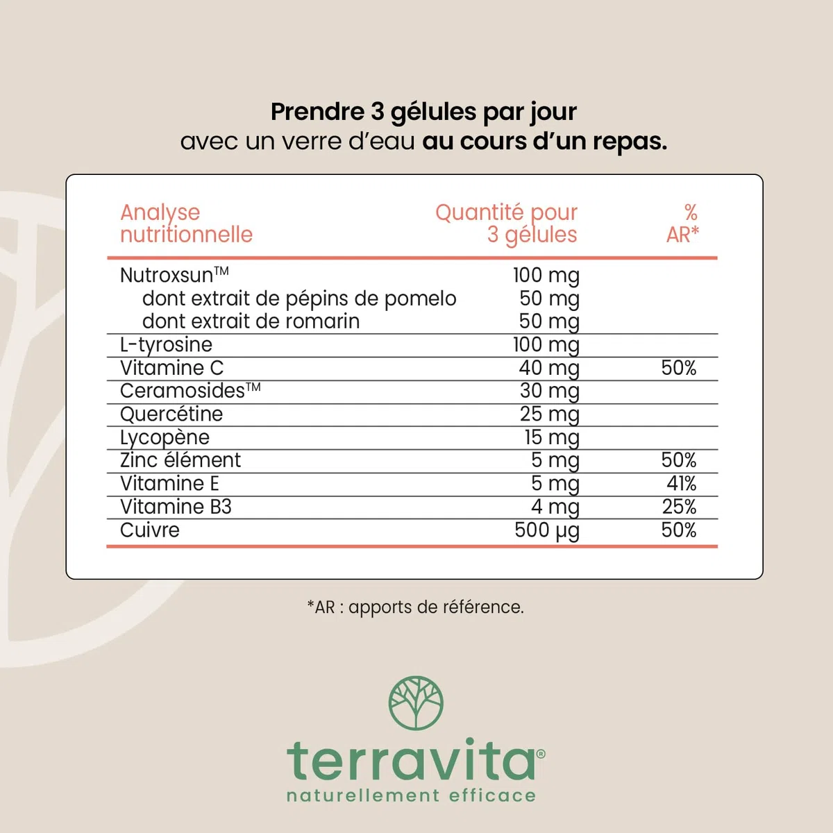 COMPLEXE SOLAIRE 4 en 1 | Nutroxun® + Céramosides® + Lycopène + Zinc Bisglycinate | Teint Hâlé et Naturel | Formule Autobronzante sans Bêta-carotène | 90 Gélules Vegan | Fabriqué en France | Terravita