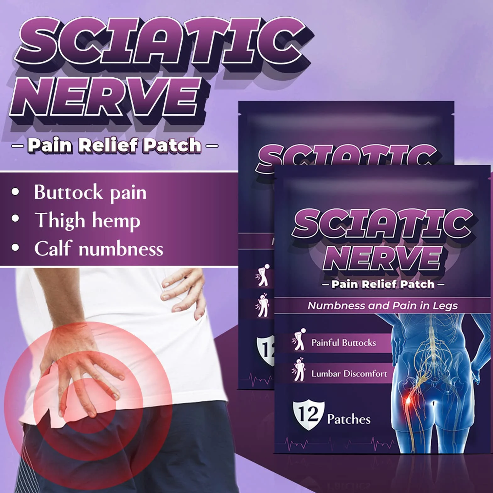 Patch De Réduction de la Douleur, 60 Feuilles De Patch De Réduction de la Douleur du Nerf Sciatique En Tissu élastique Patch Musculaire à Libération Multifonctionnelle Pour les Fesses du Dos