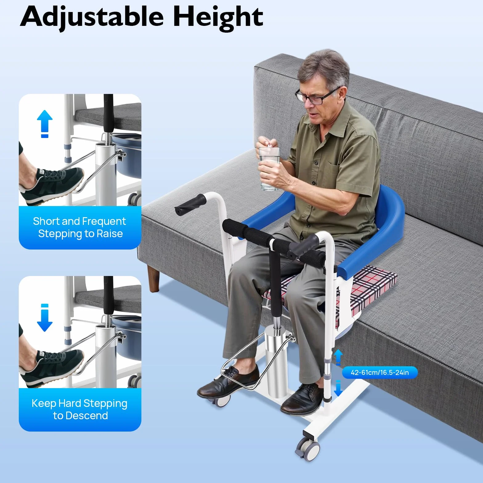 Fauteuil roulant hydraulique pour patients, chaise de transfert divisée à 180°, avec pot, capacité de charge 90 kg, hauteur réglable 42-61 cm, pour personnes handicapées, paralysées,