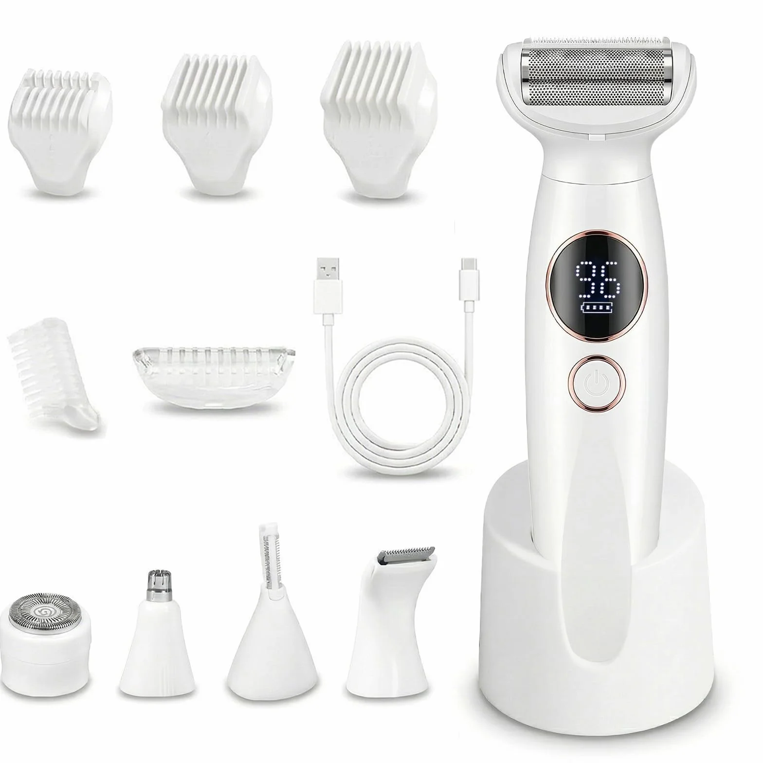 Carehabi Rasoir Électrique Femme 5 en 1 & Tondeuse Bikini - Rasoir Intime Femme Étanche IPX7 pour Visage, Corps, Maillot & Sourcils - Lady Shaver Sans Fil avec Base de Charge USB