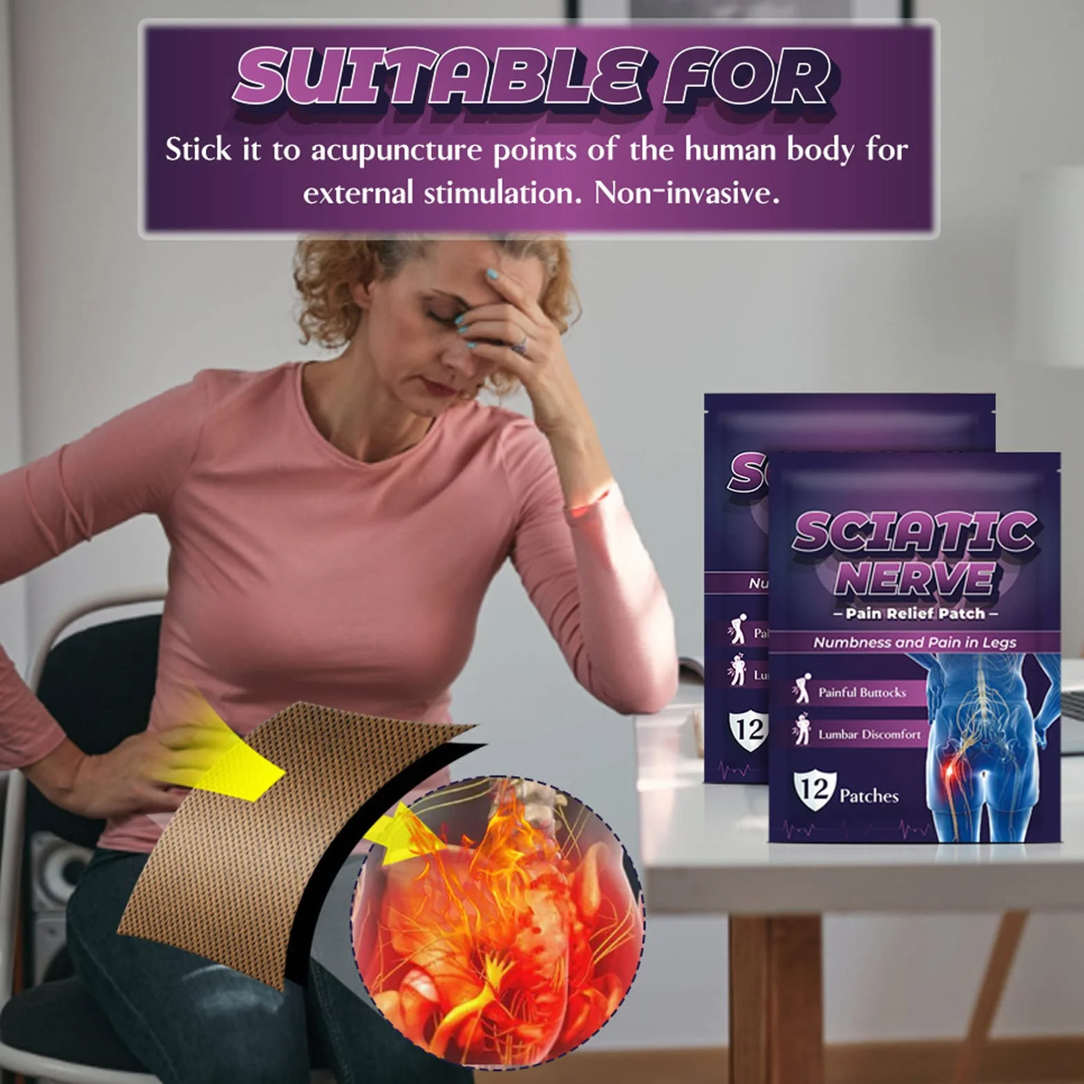 Patch De Réduction de la Douleur, 60 Feuilles De Patch De Réduction de la Douleur du Nerf Sciatique En Tissu élastique Patch Musculaire à Libération Multifonctionnelle Pour les Fesses du Dos