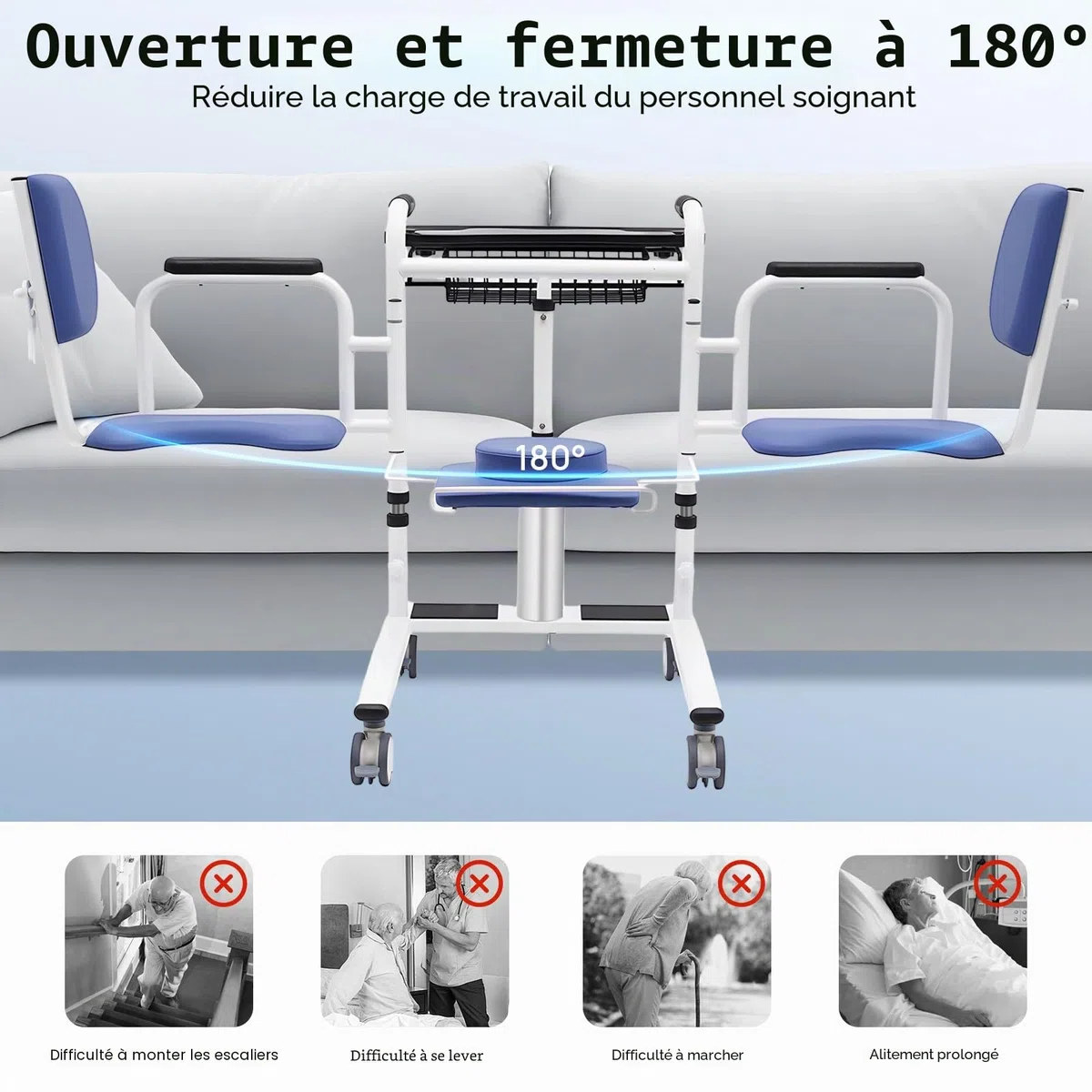 Chaise de transfert hydraulique pour patients - Hauteur réglable - Avec roulettes et siège divisé - Charge maximale : 150 kg - Pour l'intérieur et l'extérieur