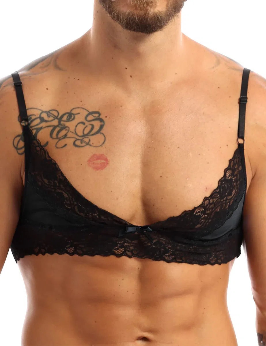 iiniim Sissy Lingeries Homme sous Vêtement Ensemble Dentelle Lingiere Transparent Bra Soutiens-Gorge avec String Travesti Nuisette M-4XL Noir J XL