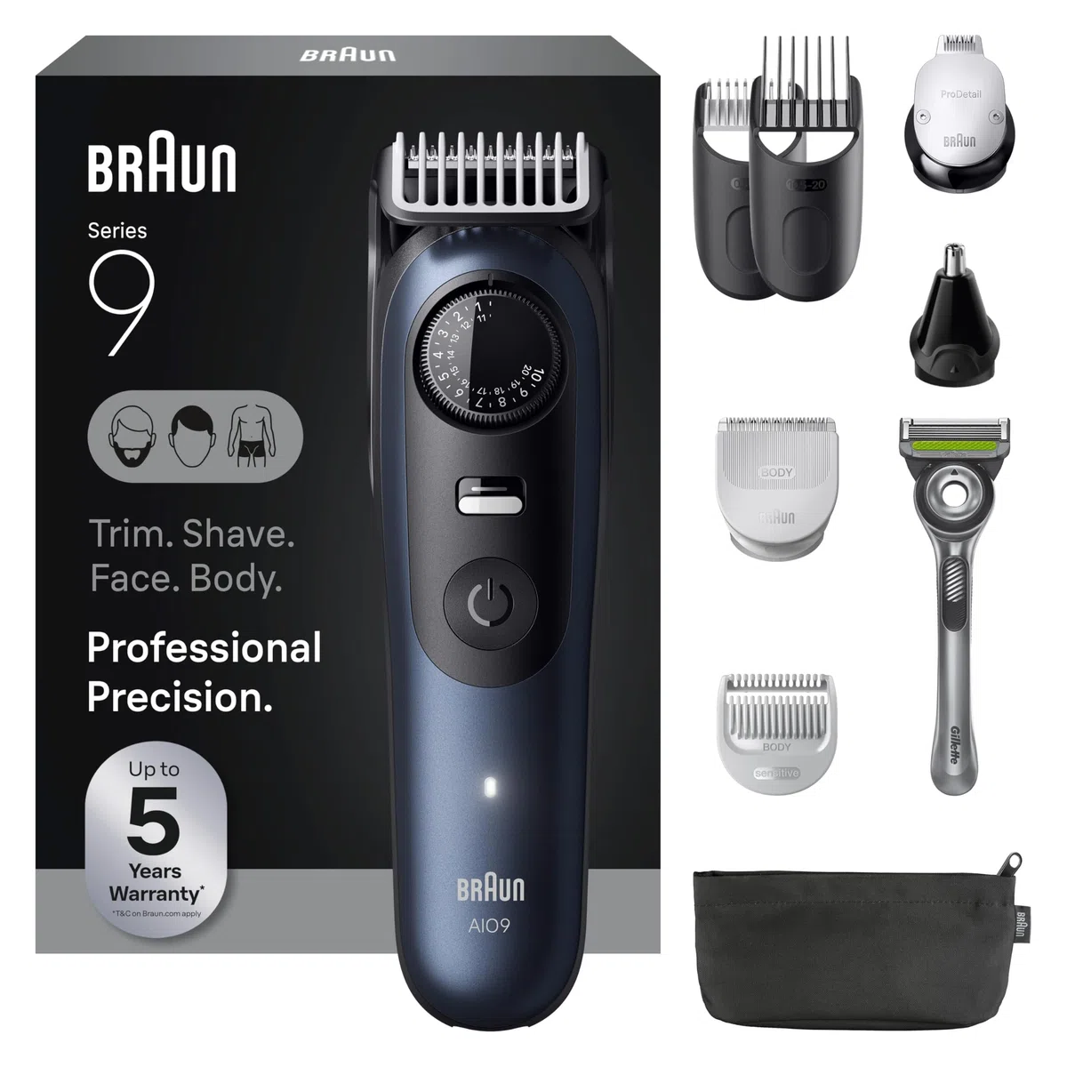 Braun Kit de rasage tout-en-un pour homme série 9 AIO 9530, barbe, visage, nez, oreille, tondeuse à cheveux, tondeuse corporelle et manscaping