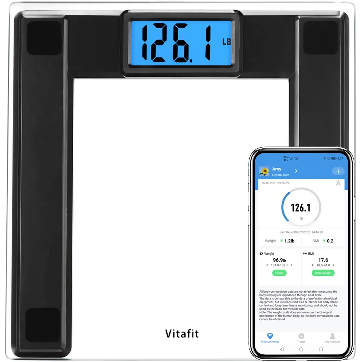 Vitafit 250kg Pèse-personne Électronique avec Poids et BMI , Balance Pese Personnes Connectée Bluetooth, 8mm En Verre Trempé avec Plate-Forme Extra-Large,Noir