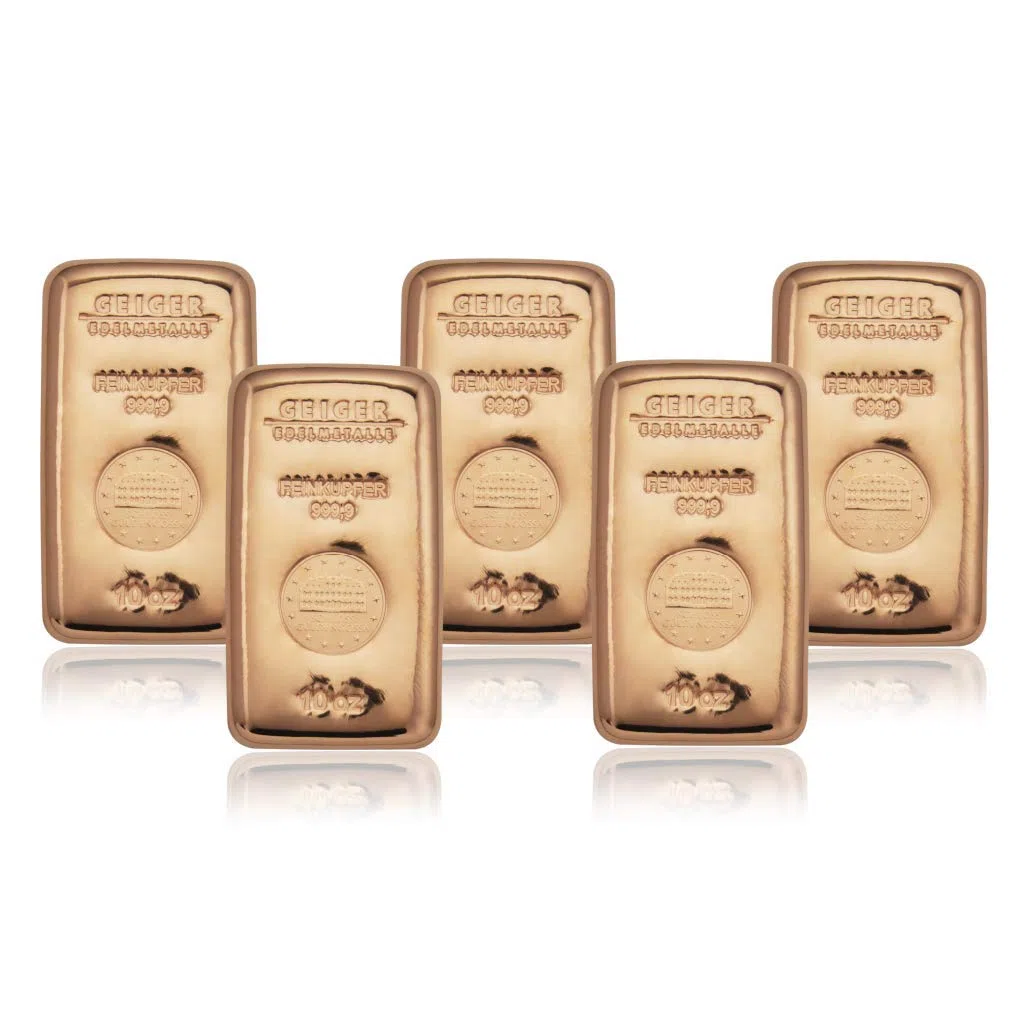 Lot de 5 lingots de cuivre de 311 grammes (10 oz) chacun (50 oz au total, 1555 grammes de cuivre) de la raffinerie allemande de métaux précieux Geiger Edelmetalle