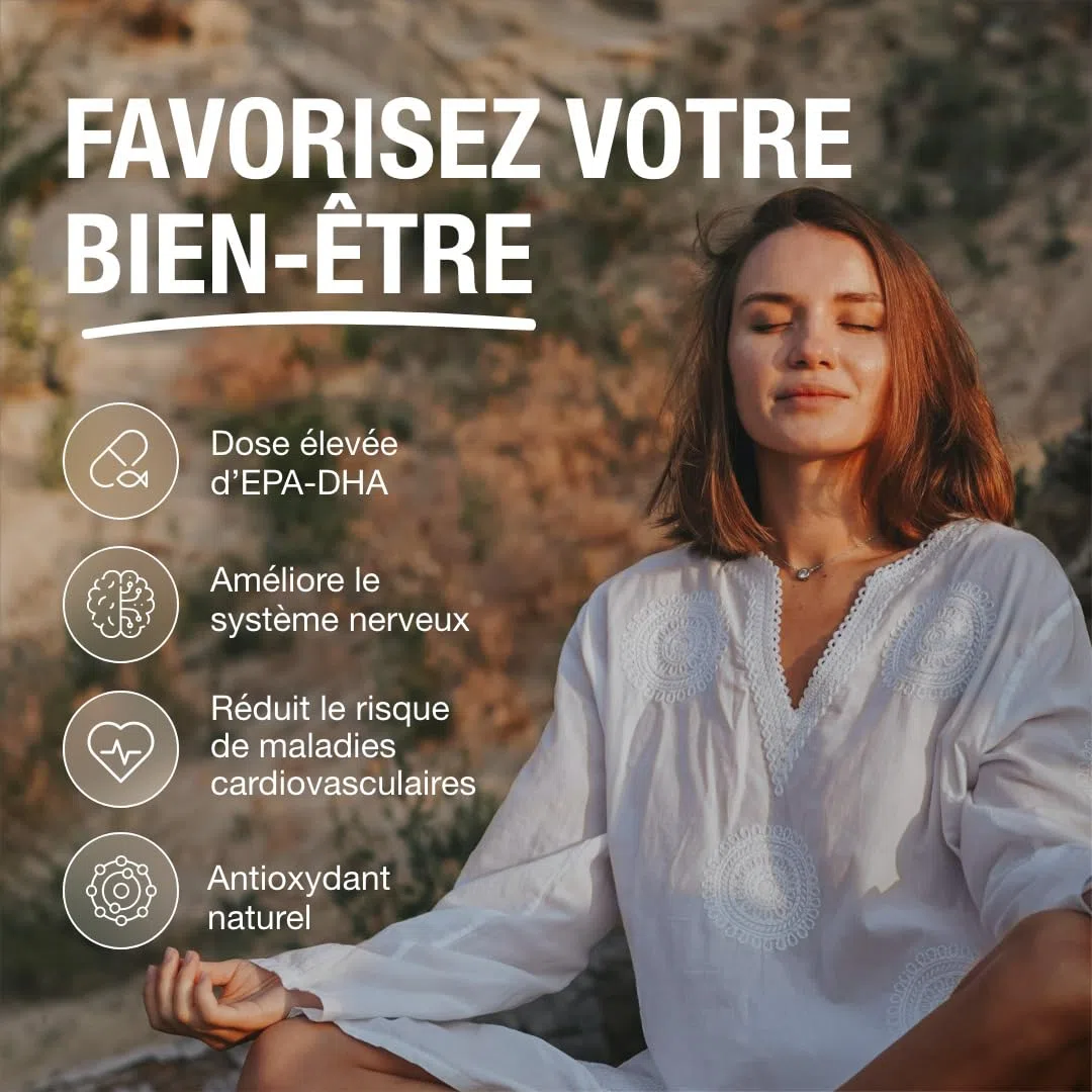 Oméga 3 concentration maximale EPA - DHA. Acides gras oméga 3 (2 000 mg) + vitamine E à base d'huile de poisson sauvage. 120 perles molles