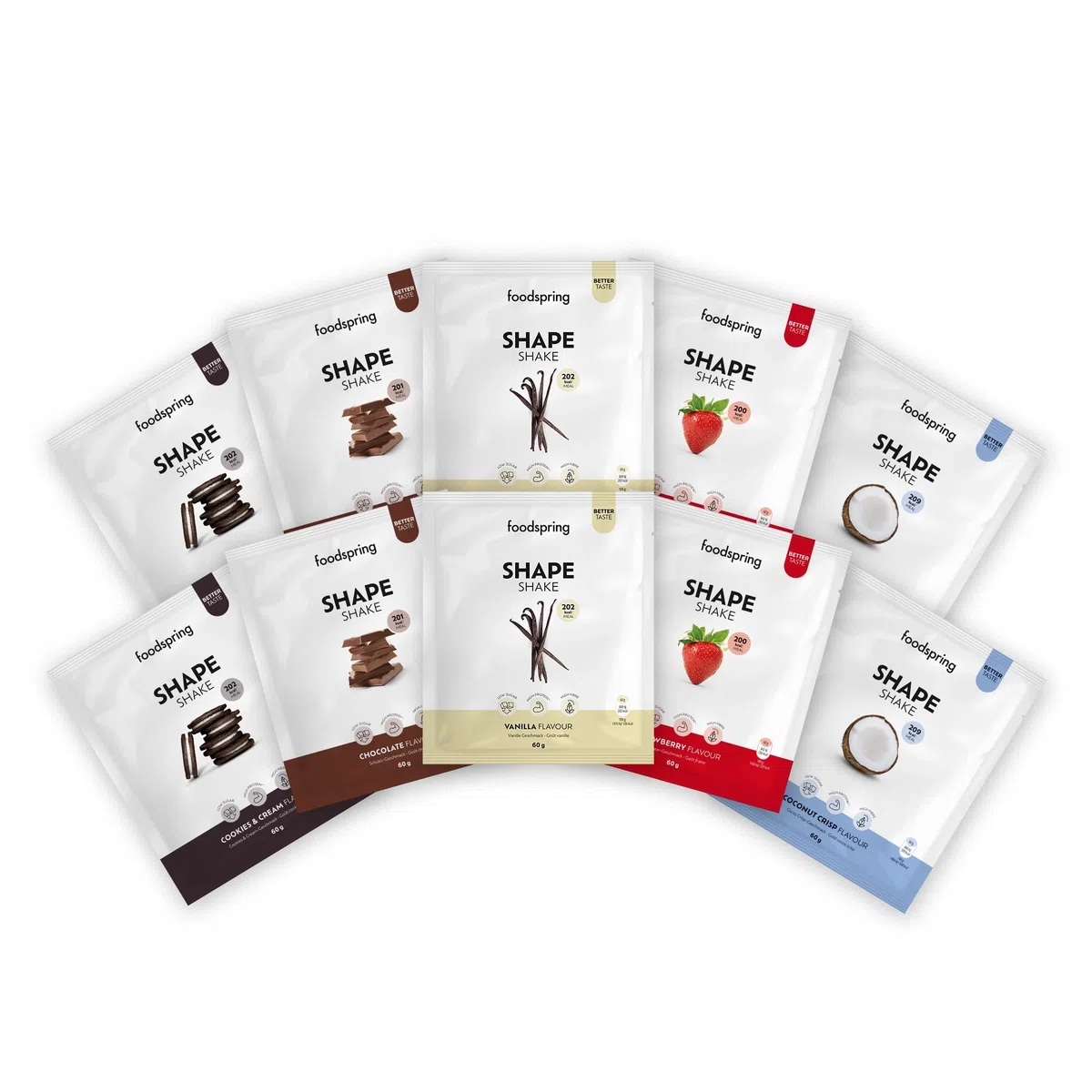 foodspring Shape Shake Pack Essai - shake substitut de repas pour contrôle du poids avec protéine de haute qualité, 202 kcal par portion, sans gluten - 10 x 60g