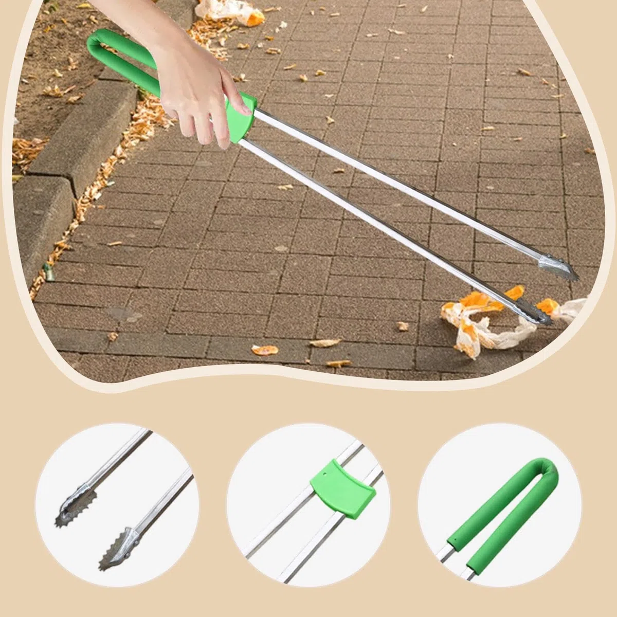 Pince à Déchets Double Tige Acier Inoxydable 91cm, Ramasse-Détritus Longue Portée pour Personnes Âgées, Outil Nettoyage Ergonomique, pour Rue, Jardin Ou Étang, Tige En Acier