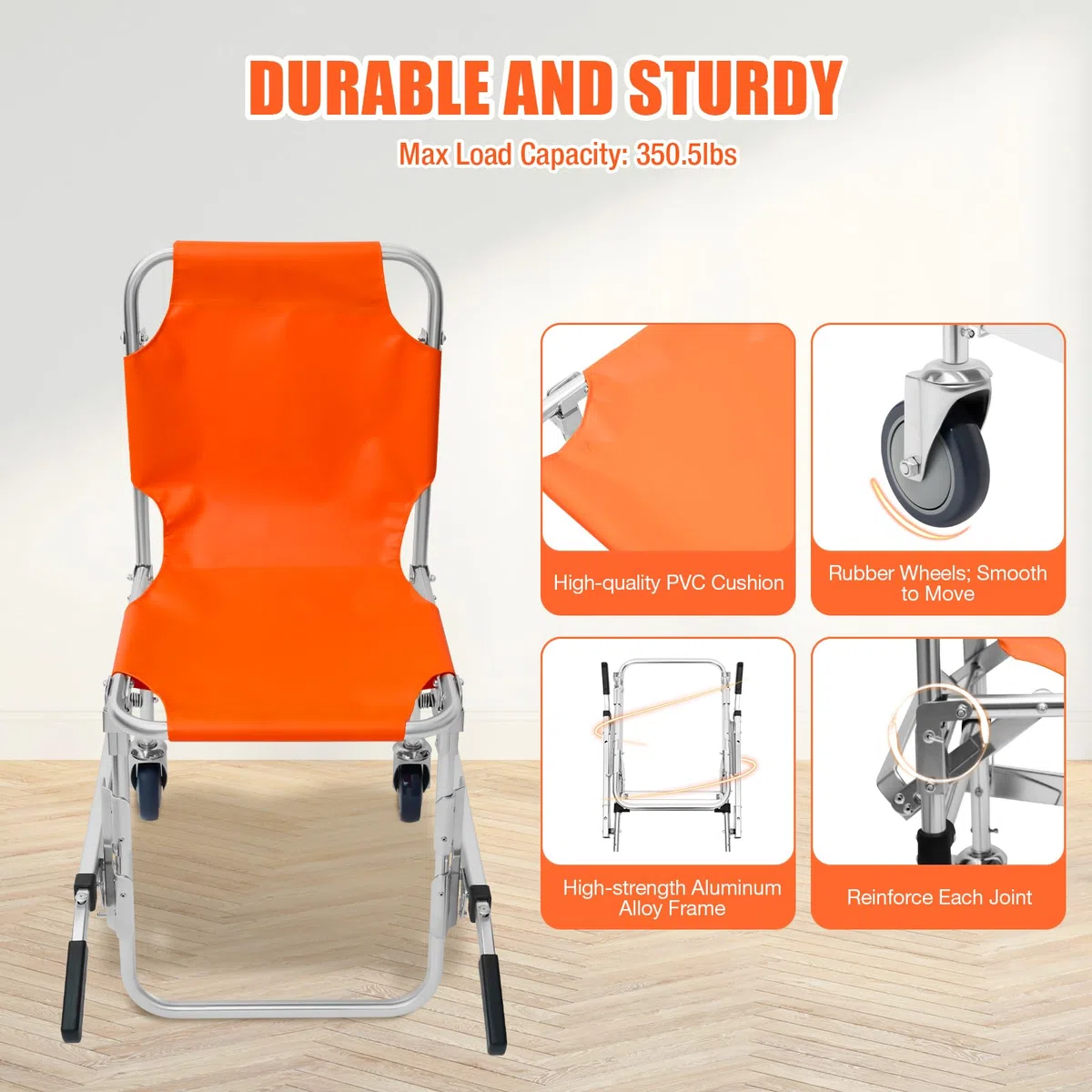 MINRS EMS Chaise d'escalier ambulance de pompier Chaise d'évacuation pliable Capacité 159 kg pour le transfert de patients ou de personnes à mobilité réduite