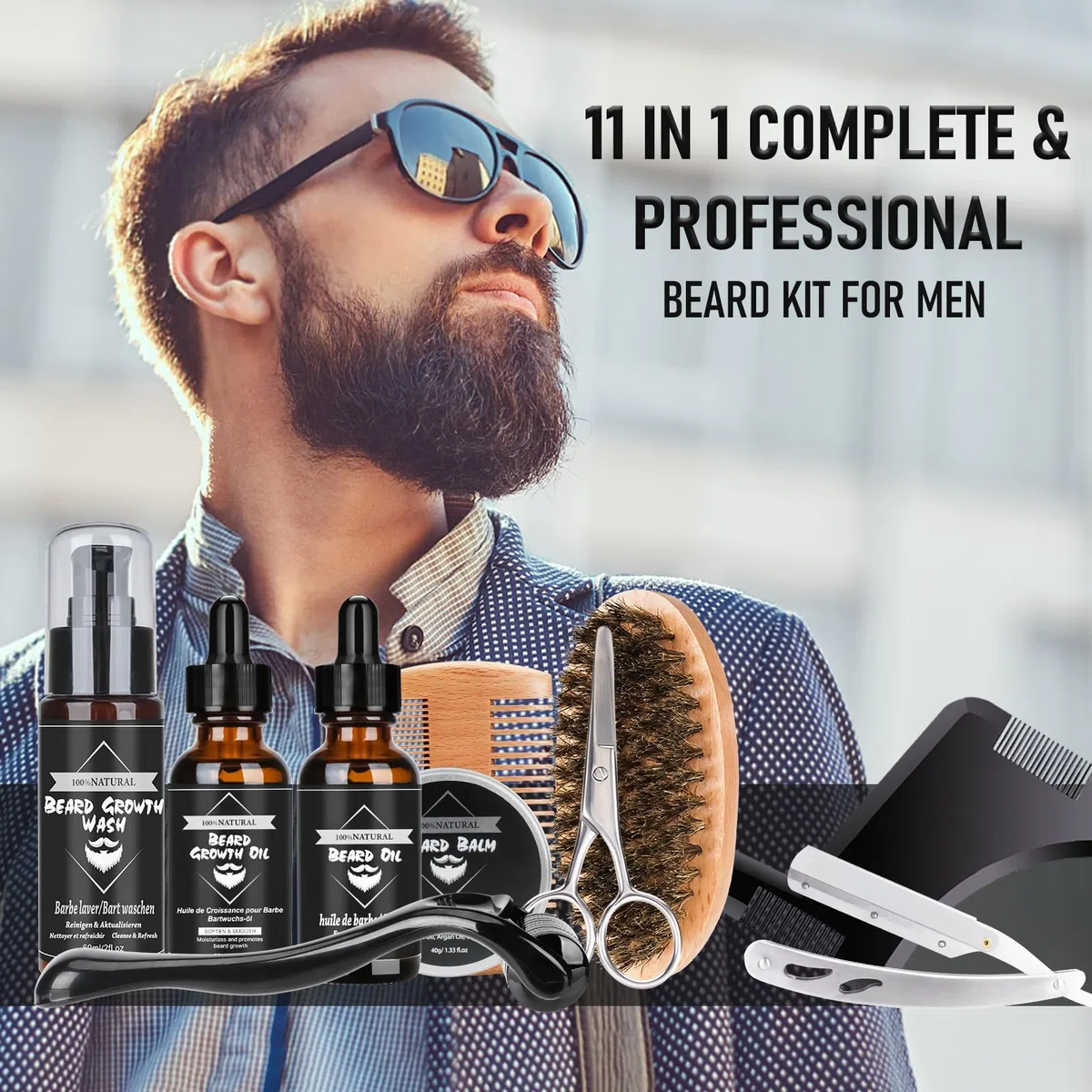 Kit Soins Barbe pour Hommes 11 en 1 Kit Barbe Homme Complet avec Shampoing, Huile, Crèmes de Barbe, Brosse à Barbe, Ciseaux, Rouleau Barbe, Rasoir, Kit Entretien, Coffret Cadeaux - Noir Classique