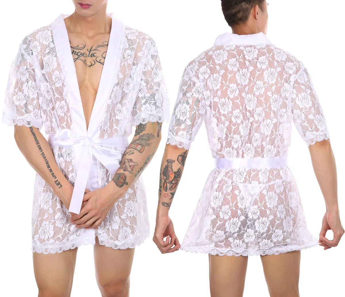 FEOYA Homme Peignoir de Bain Transparente avec Strings Robe de Chambre Dentelle Manches Courtes Sissy Lingerie de Nuit Vêtement